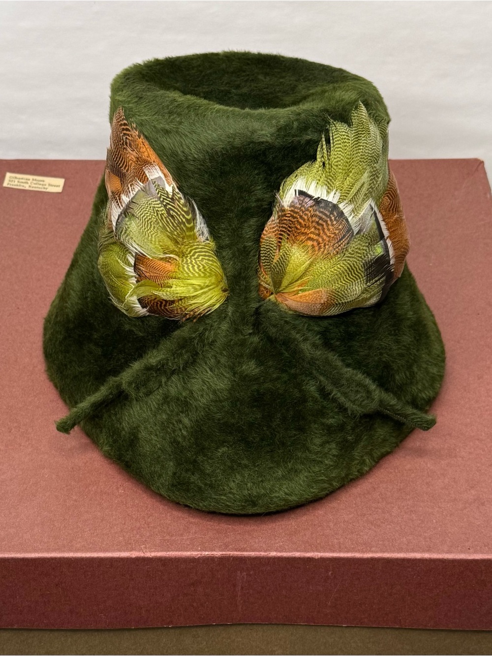Vintage 1960s Italy Fur Felt Bucket Hat Pheasant Feather Green Cain Sloan Boxed